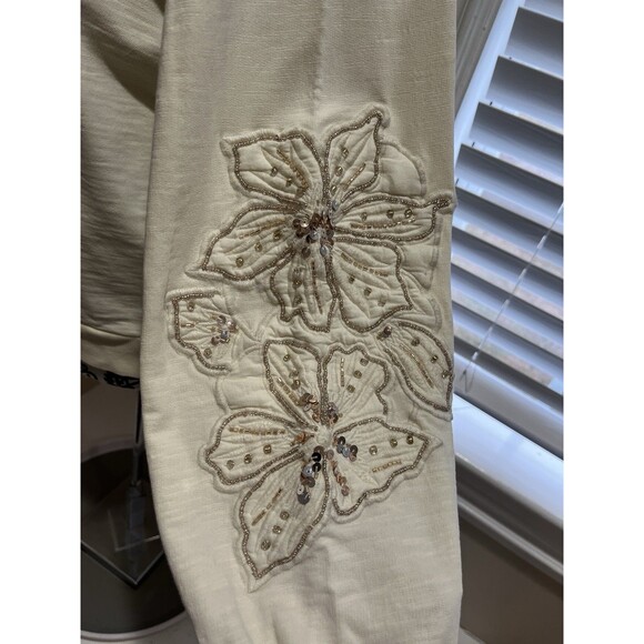 Anthropologie Floral Embroidery/Beaded Sweatshirt Womens S Beige Shimmer Holiday - Picture 4 of 14